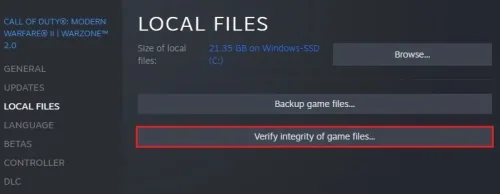 Modern Warfare 2 > Properties > Local Files