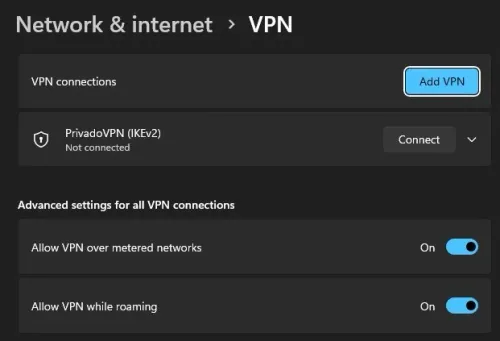 Windows Settings > Network & Internet > VPN