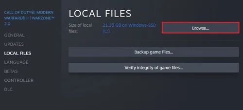 Modern Warfare 2 Properties > Local Files > Browse