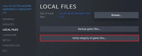 Modern Warfare 2 Properties > Local Files > Verify Integrity