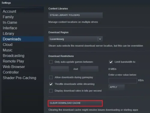 Steam Settings > Downloads > Clear Download Cache