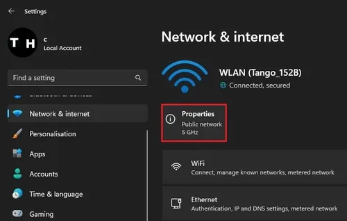 Windows Settings > Network & internet > Properties