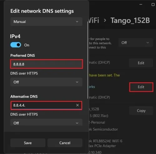 Network & internet > Properties > Edit network DNS settings