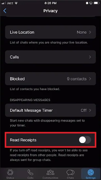 turn off read receipts