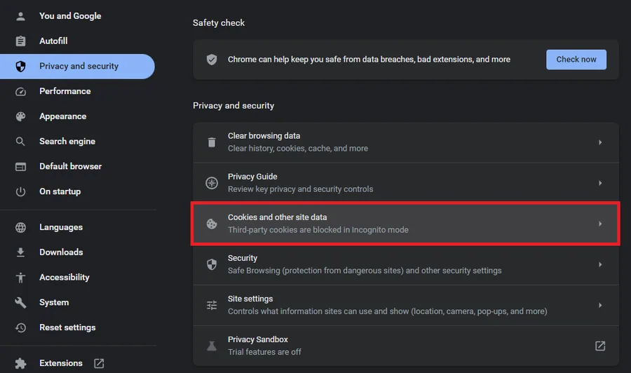 chrome cookies and other site data