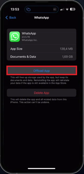offload the WhatsApp app
