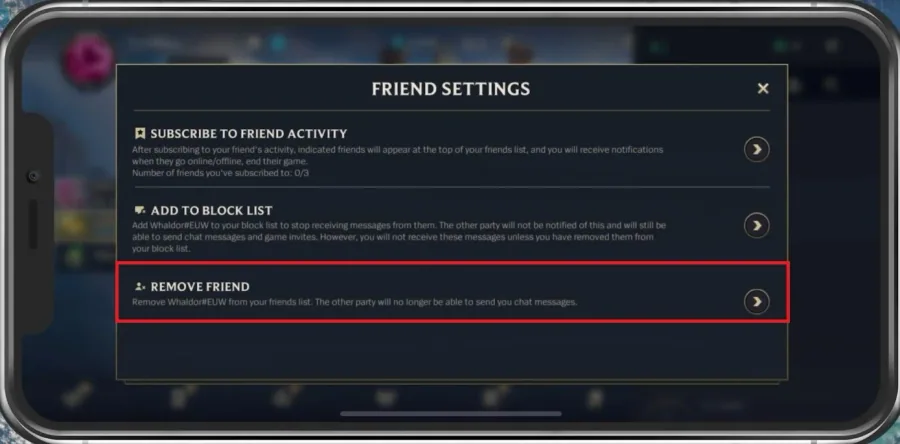 Wild Rift Friends Tab > Friend Settings > Remove Friend