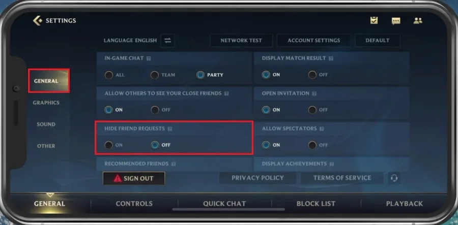 Wild Rift Settings > General > Hide Friend Requests