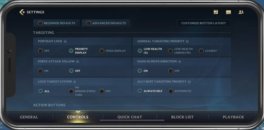 Wild Rift Settings > Controls > Targeting