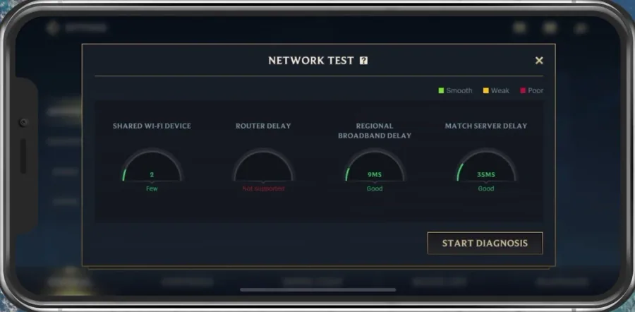 Wild Rift Settings > General > Network Test