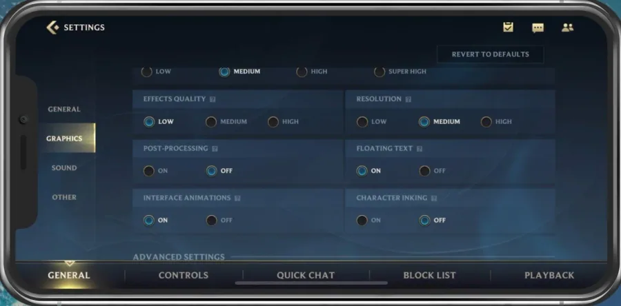 Wild Rift Settings > Graphics > Effects Quality