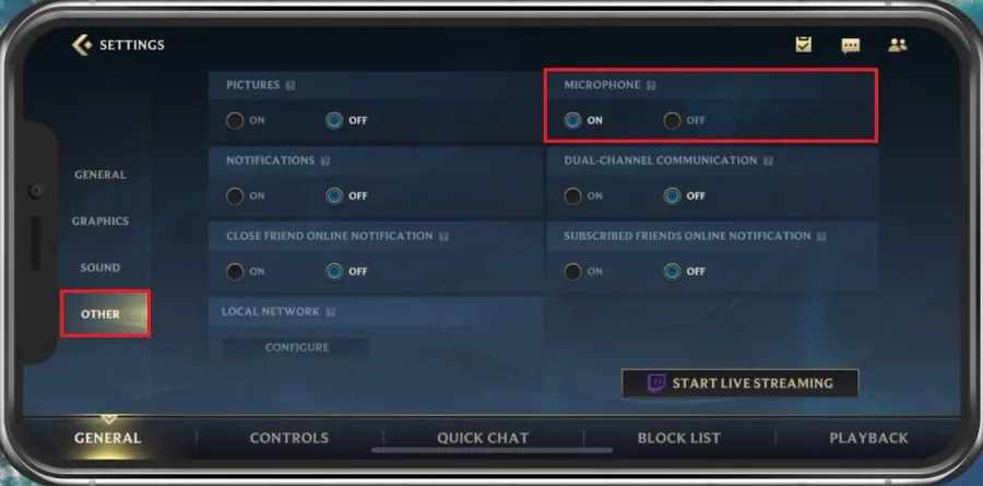 Wild Rift Settings > Other > Microphone