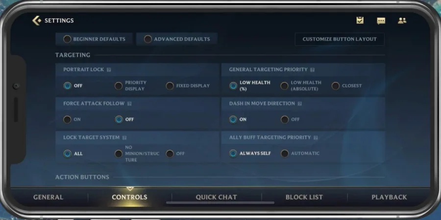 Wild Rift Settings > Controls
