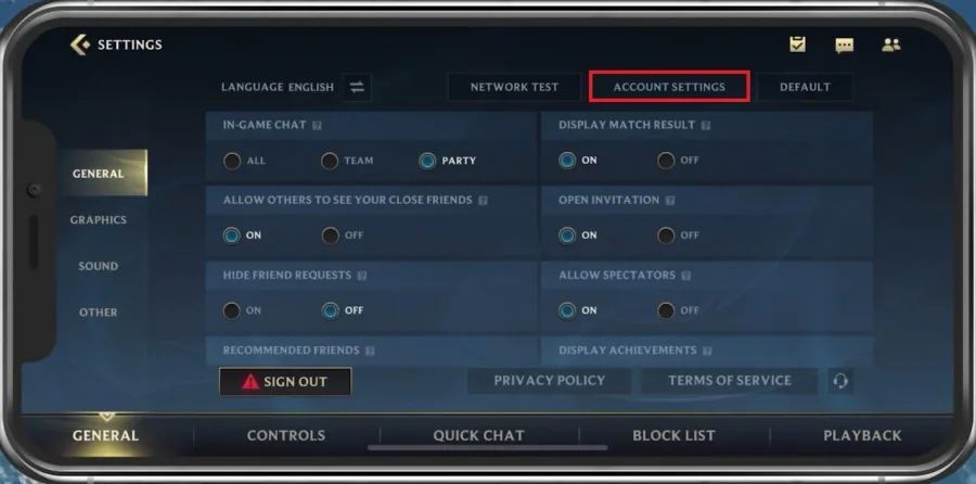 Wild Rift Settings > General > Account Settings