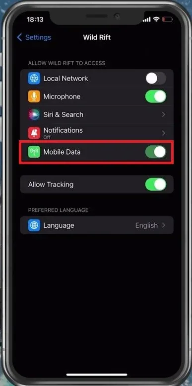 iPhone Settings > Wild Rift > Mobile Data