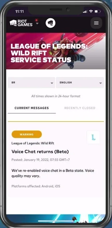 Safari > Wild Rift Service Status Page