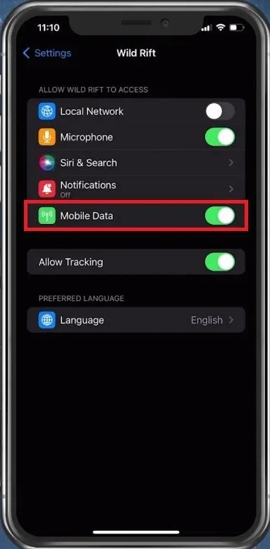 iPhone Settings > Wild Rift > Mobile Data