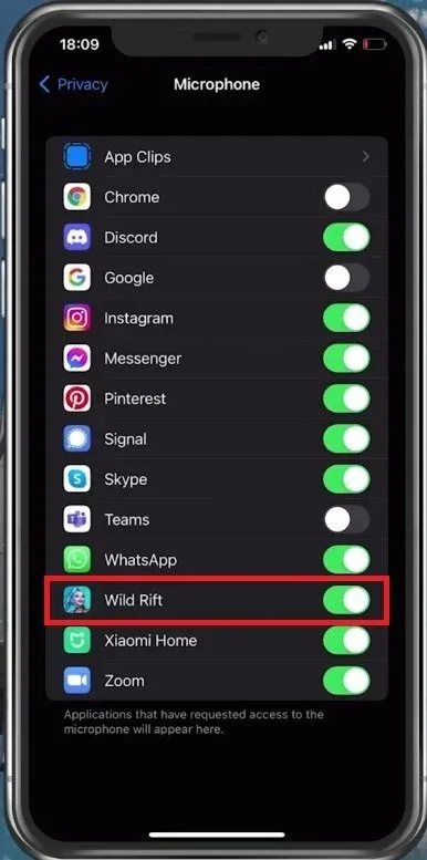 iPhone Settings > Privacy > Microphone > Wild Rift