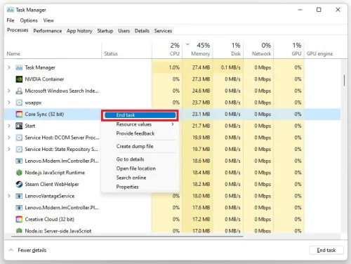 Task Manager > Processes > End Task