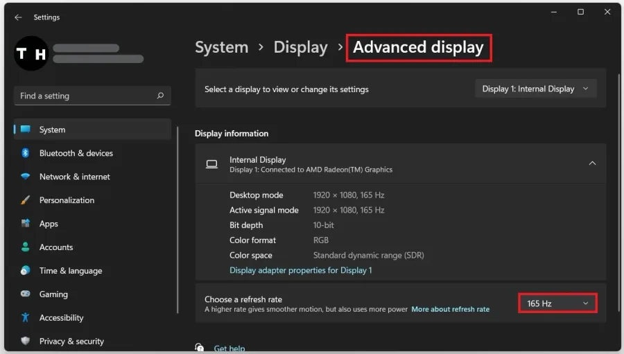 Windows Settings > System > Display > Advanced Display
