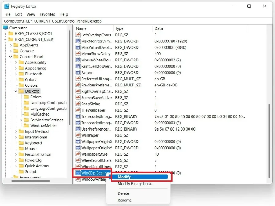 HKEY Current User > Control Panel > Desktop > Win8DipScaling