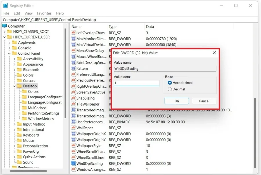 Enter the value 1 to enable the Windows Image Scaling
