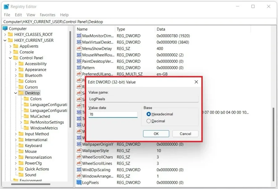 Change the DWORD value data to 78 and save your changes