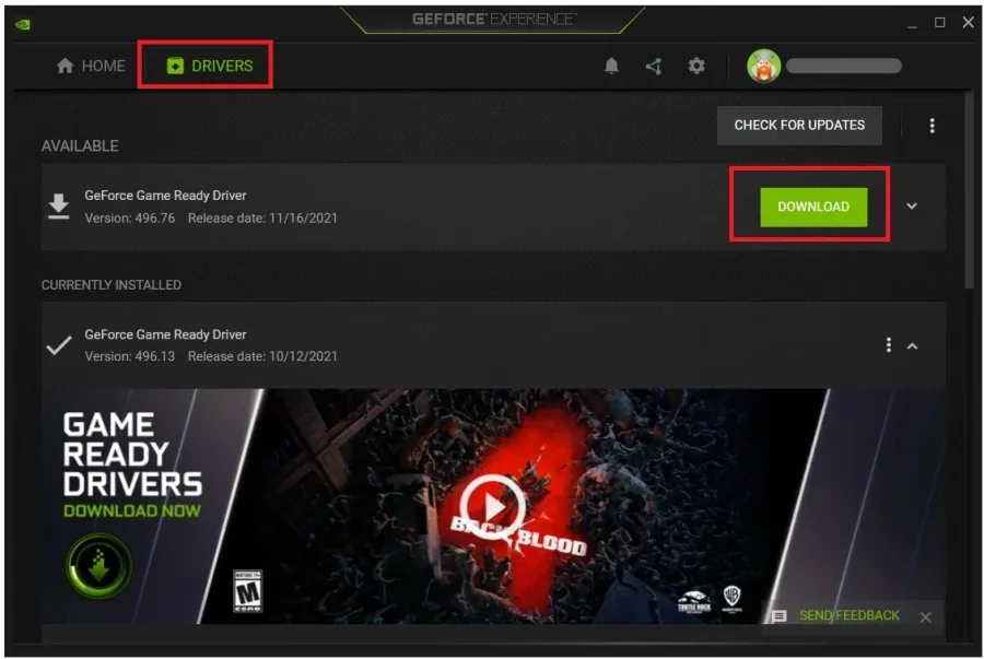 GeForce Experience > Drivers > Download