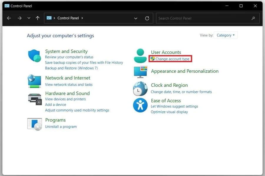 Control Panel > User Accounts > Change Account Type