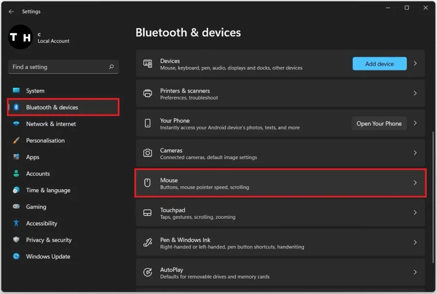 Windows Settings > Bluetooth & Devices > Mouse