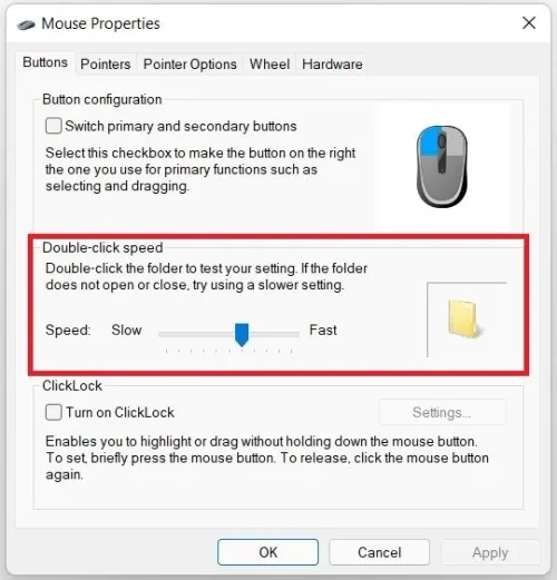 Mouse Properties > Buttons > Double-Click Speed