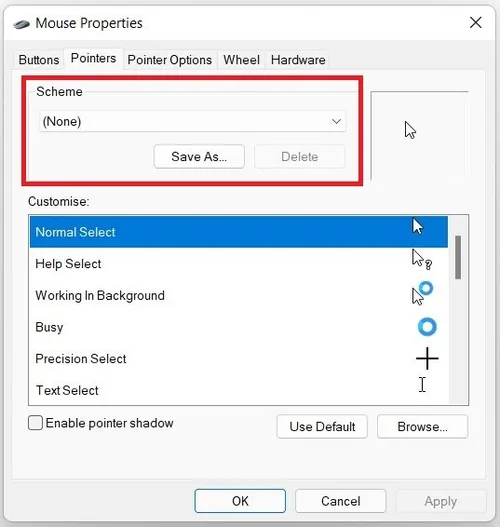 Mouse Properties > Pointers > Customise