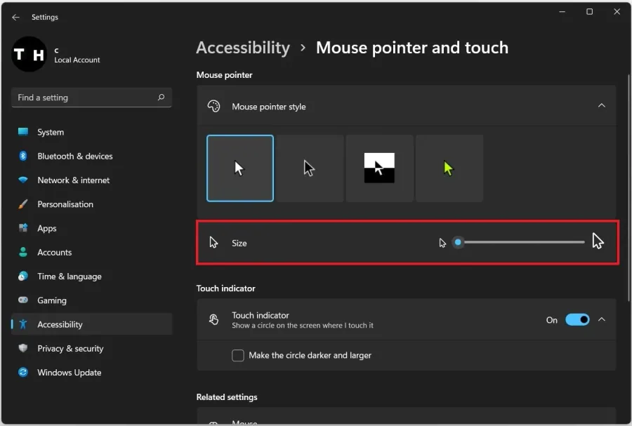 Mouse Pointer and Touch Settings