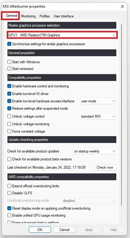 MSI Afterburner Properties > General