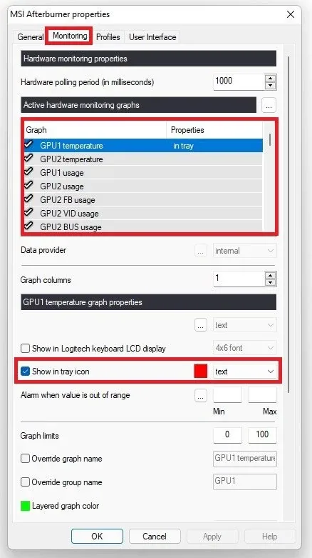 MSI Afterburner Properties > Monitoring
