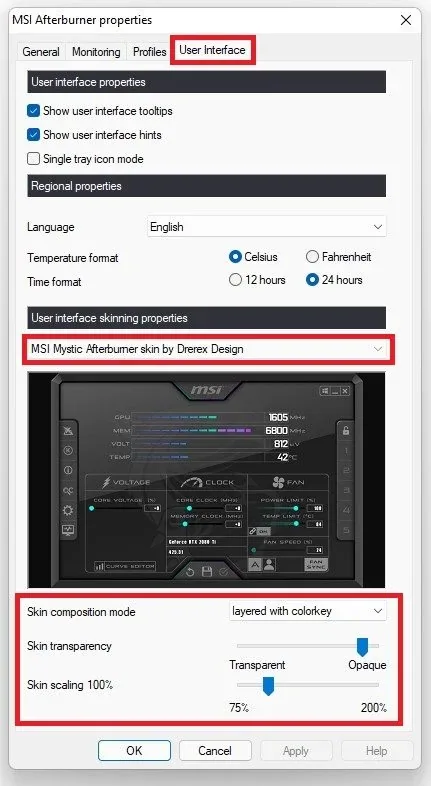 MSI Afterburner Properties > User Interface