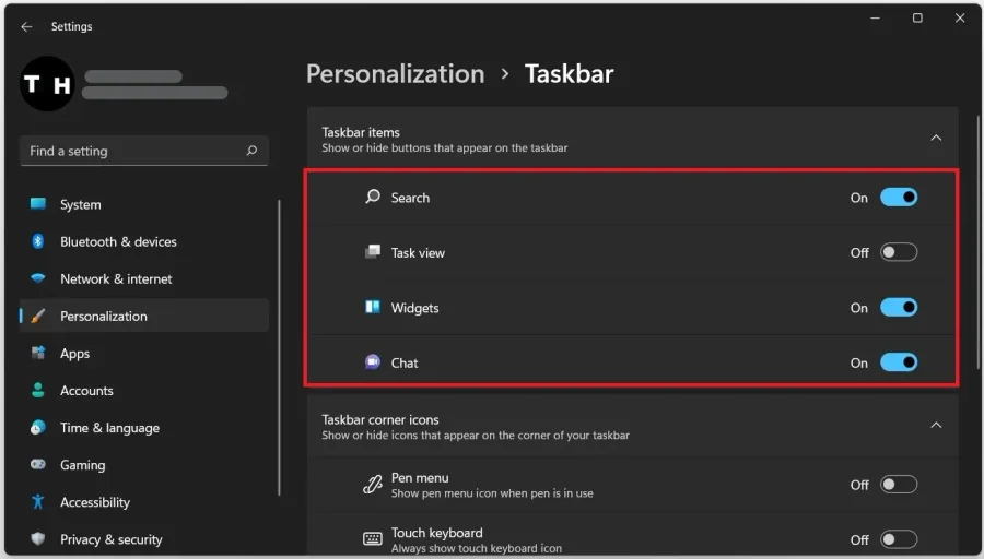 Windows Settings > Personalization > Taskbar > Taskbar Items