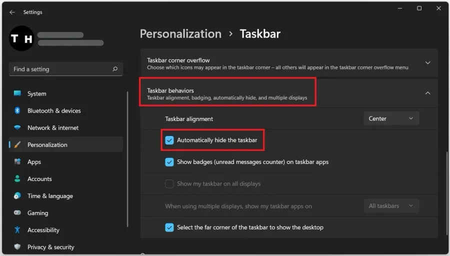 Windows Settings > Personalization > Taskbar > Taskbar Behaviors
