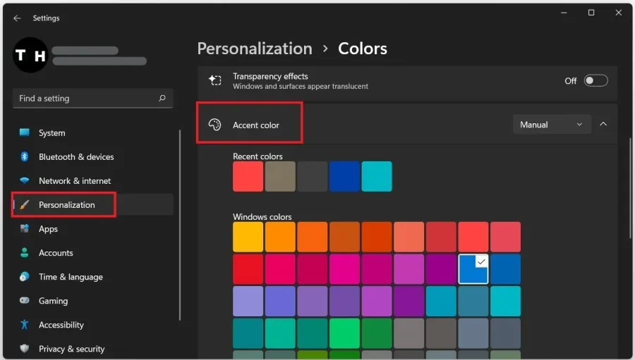 Windows Settings > Personalization > Taskbar > Colors
