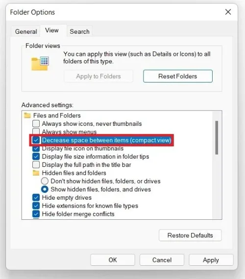 Folder Options > Advanced Settings > Decrease Space Between Items
