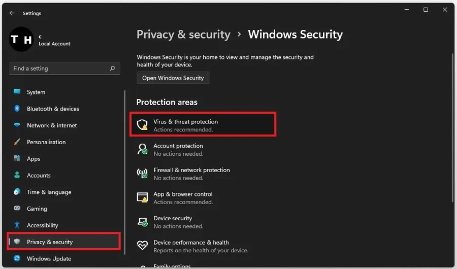 Windows Security > Virus & Threat Protection