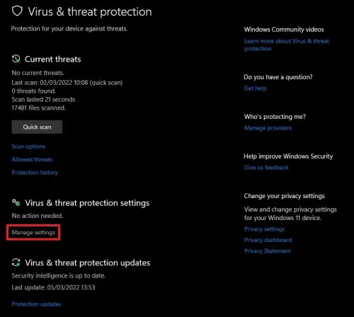 Virus & Threat Protection Settings