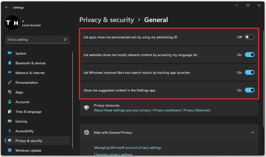 Privacy & Security Settings > General