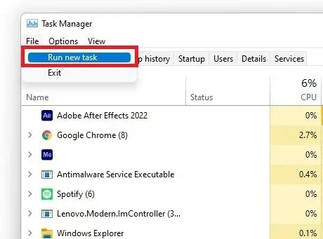 Task Manager > File > Run new task