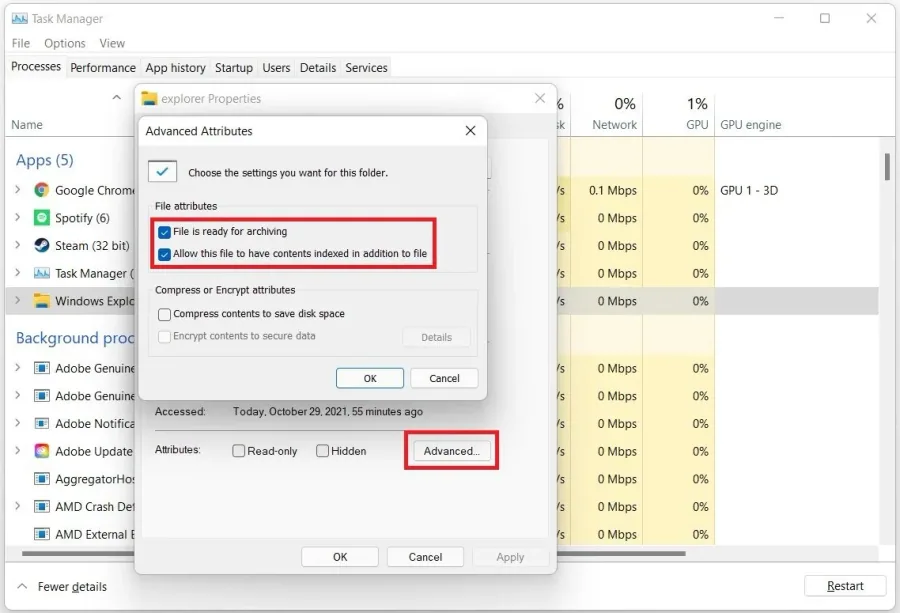 Uncheck the file attributes options in the File Explorer properties