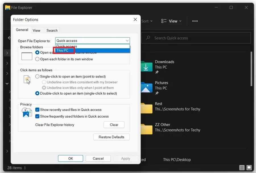 Folder Options > General > Open File Explorer To > This PC