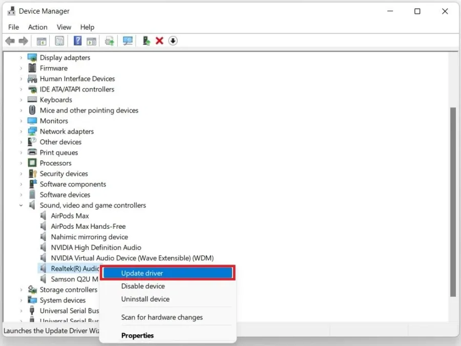 Device Manager > Sound, Video and game controllers > Realtek(R) Audio > Update Driver