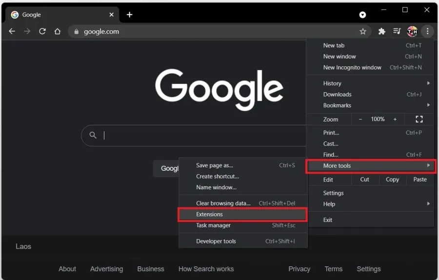 Google Chrome > More Tools > Extensions