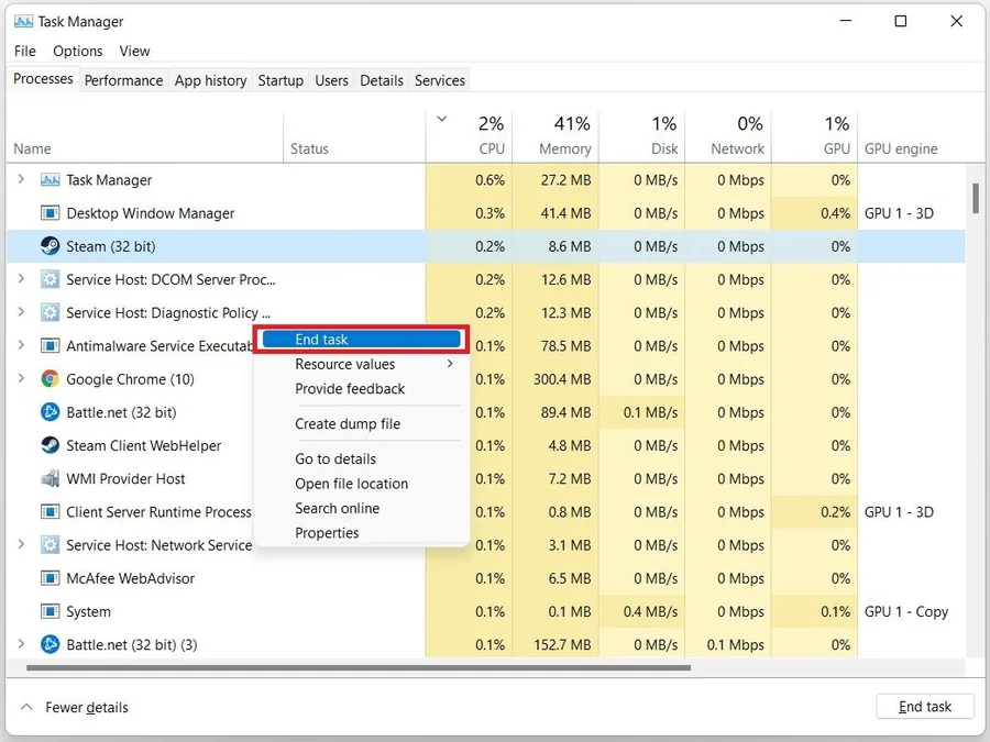 Task Manager > Processes > End Task