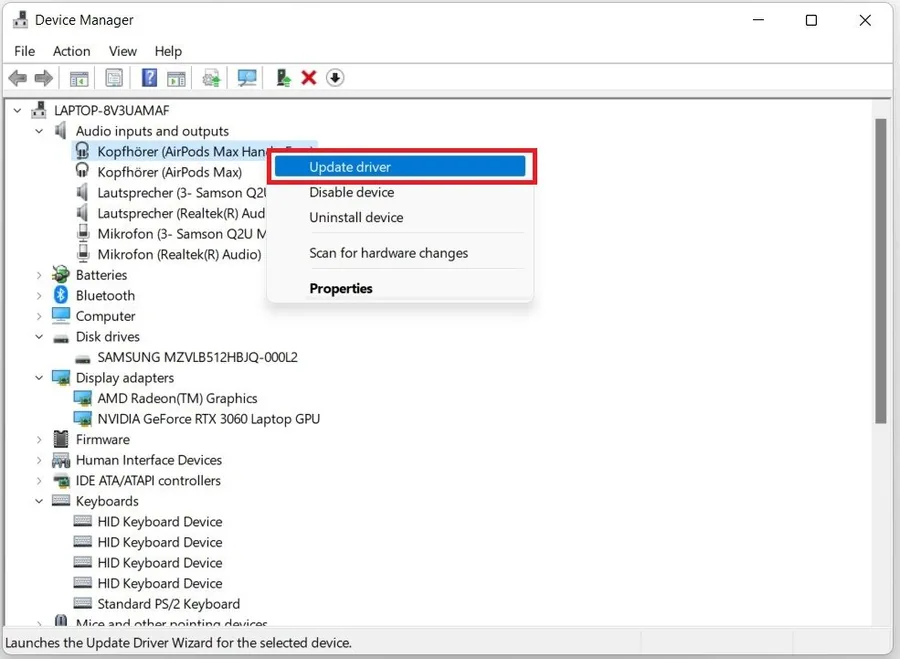 Device Manager > Device > Update Driver